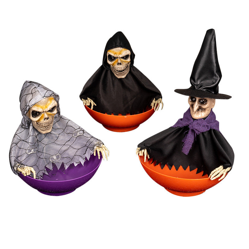 Joyful Halloween Ornament Fruits Tray Scary Screaming Luminous Eye Swinging Skull Decorative Candy Organizer For Party Resturant