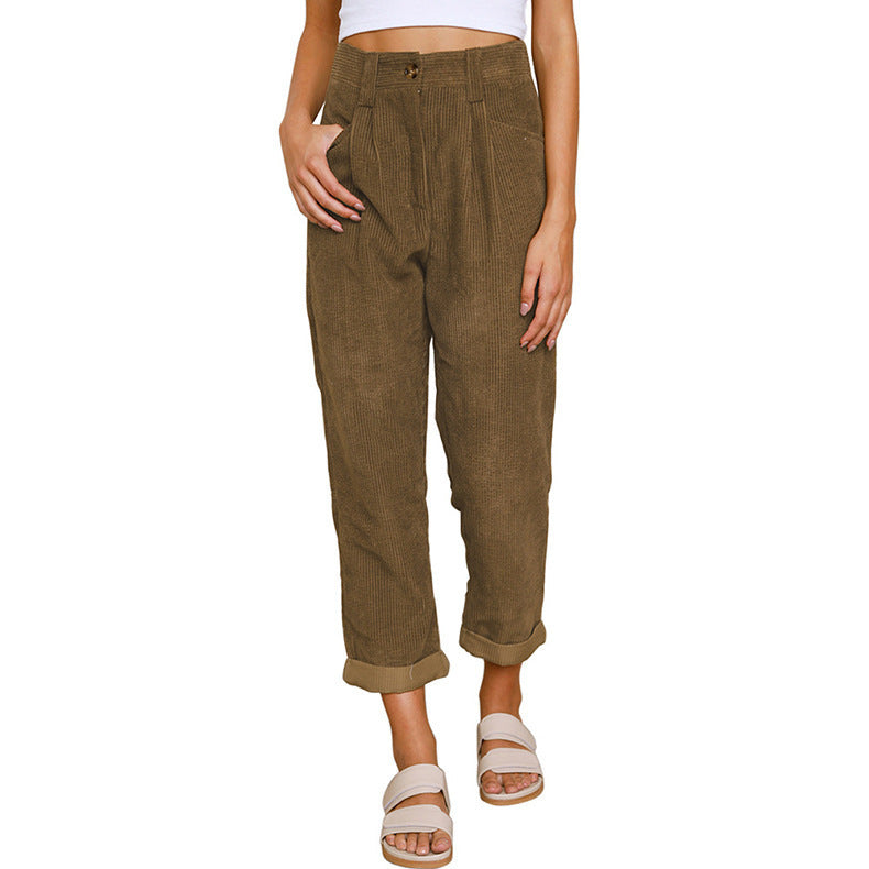 New Women's High Waist Pure Color Corduroy Casual Pants