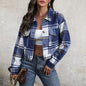 Plaid Lapel Cropped Jacket With Pockets Fashion Button Long Sleeve Short Outwear Tops Coat For Womens Clothing