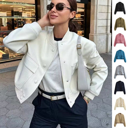 Casual Single-breasted Stand Collar Short Jacket With Pockets Fashion Long Sleeve Outwear Tops Coat For Womens Clothing