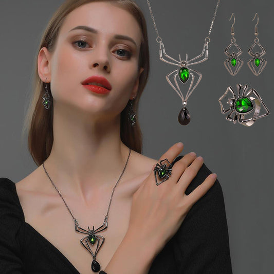 3pcs Halloween Drop-shapedp Spider Necklace Set With Earrings Ring Vintage Necklace Pendant