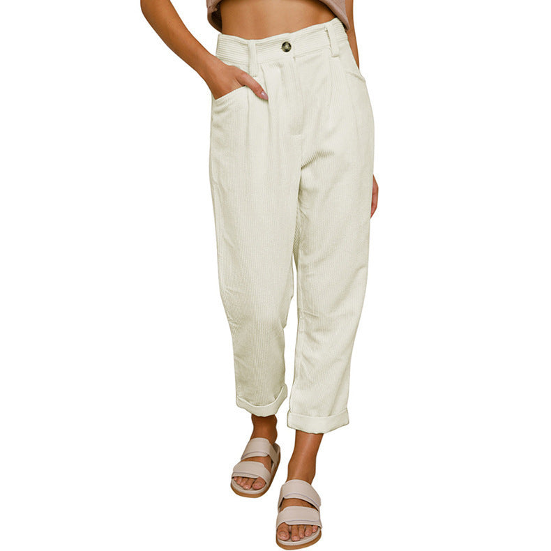 New Women's High Waist Pure Color Corduroy Casual Pants